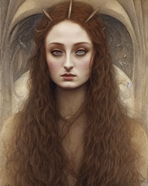 Image similar to matte painting portrait shot, beautiful sophie turner, steampunk, detailed and intricate by jean delville, gustave dore and marco mazzoni, art nouveau, symbolist, visionary, gothic, pre - raphaelite