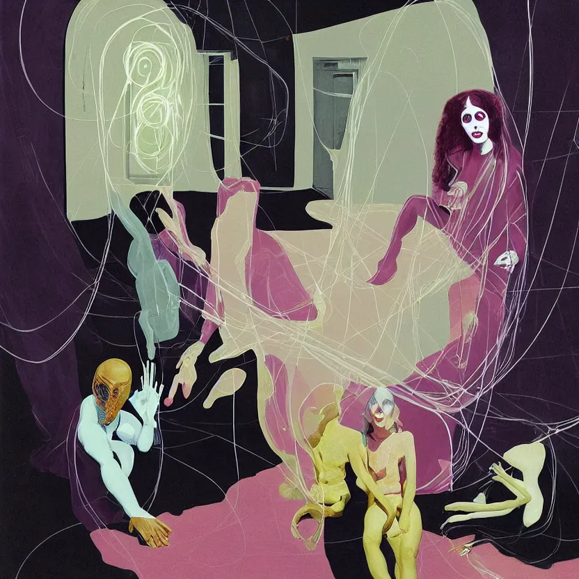 Image similar to One man and one woman attached by love in a living room of a house, floating dark energy surrounds the middle of the room. There is one living room plant to the side of the room, surrounded by a background of dark cyber mystic alchemical transmutation heavenless realm, cover artwork by francis bacon and Jenny seville and martine johanna, midnight hour, part by adrian ghenie, part by jeffrey smith, part by josan gonzales, part by norman rockwell, part by phil hale, part by kim dorland, palette knife texture, smudged paint, muted cold colors, artstation, highly detailed