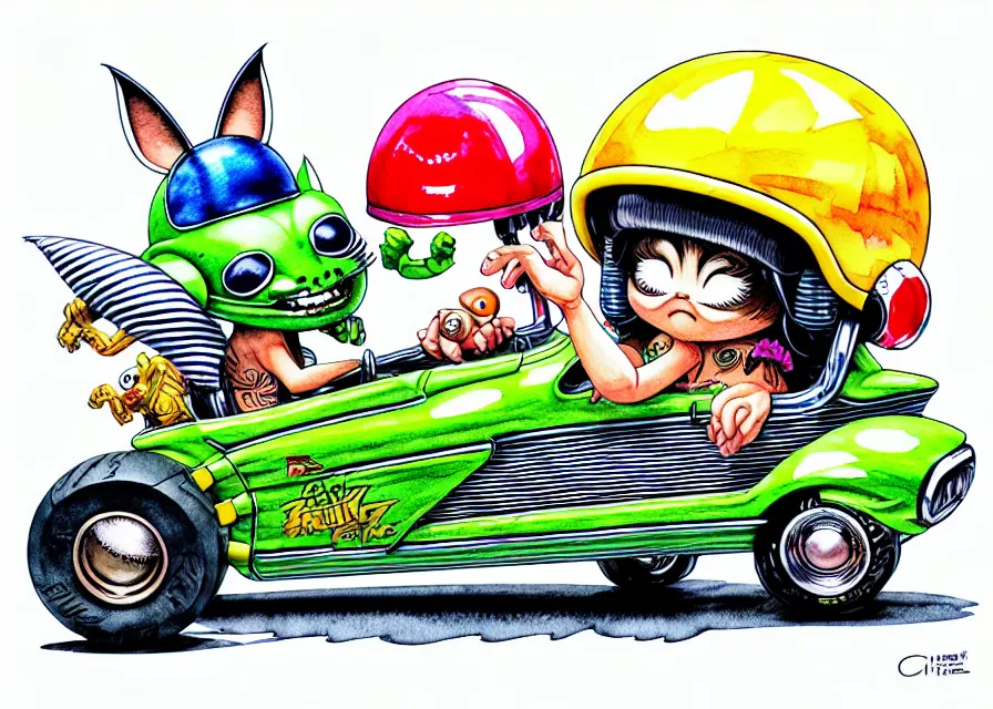 Prompt: cute and funny, ( stripe gremlin ) wearing a helmet riding in a hot rod with oversized engine, ratfink style by ed roth, centered award winning watercolor pen illustration, isometric illustration by chihiro iwasaki, edited by range murata, tiny details by artgerm and watercolor girl, symmetrically isometrically centered