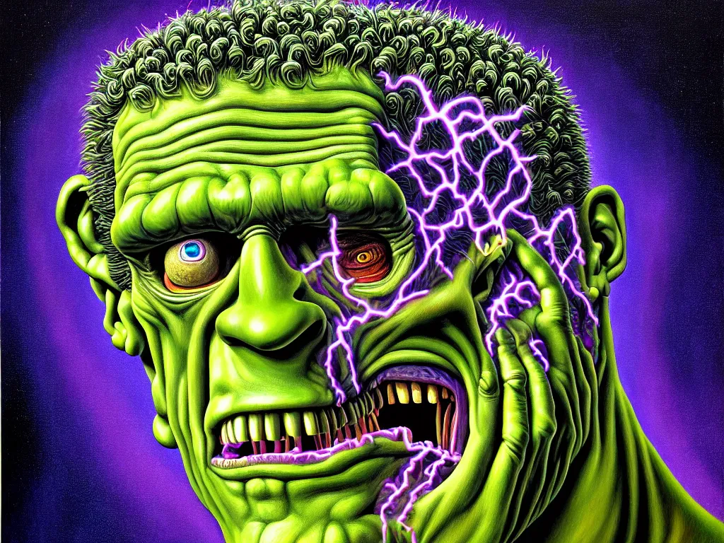 Image similar to a hyperrealistic painting of frankenstein monster head, radial symmetry, depth of field, lightning, cinematic cartoon horror by basil wolverton, lisa frank, joe coleman, kris kuksi, highly detailed, vivid color,