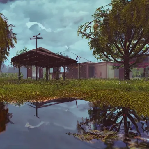 Prompt: still photo of rain puddles and reflections in an indian village, cloudy weather, highly detailed, photorealistic shot, bright studio setting, studio lighting, crisp quality and light reflections, unreal engine 5 quality render