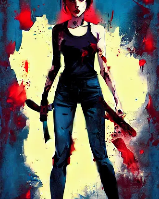 Prompt: Rafael Albuquerque comic cover art, loish, Sam yang, artgerm, Ross tran, pretty female Alison Brie serial killer holding bloody knife, blood on clothes and face, sarcastic smile, symmetrical eyes, symmetrical face, full body, jean jacket, jeans, short blonde hair, middle shot, highly saturated, deep blacks