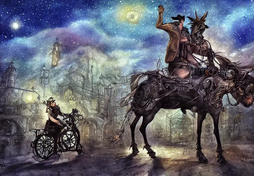 Image similar to possum riding a horse through a steampunk city at night under a dark starred sky, dark fantasy, digital art, watercolor, high detail, dreaming illusion