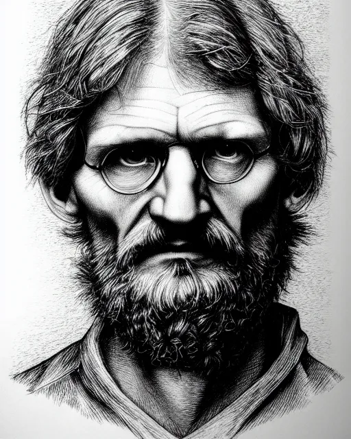 Image similar to ted kaczynski, hyper realism, fine details, deviantart artstation, extremely detailed, black and white, very sharp, in the style of albrecht durer, etching,