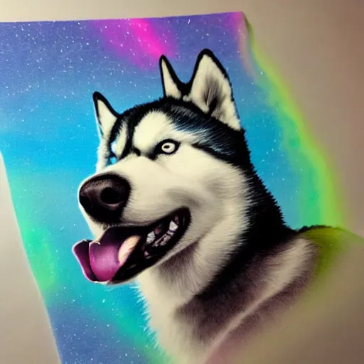 Prompt: a siberian husky, as aurora borealis, airbrush painting