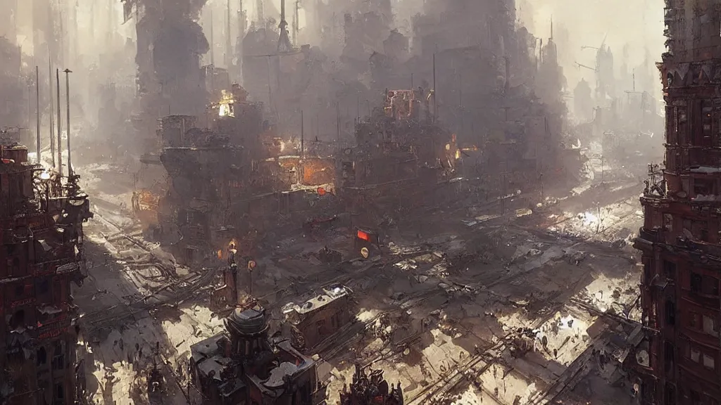 Prompt: russian revolution dieselpunk 1 9 1 0 cityscape, painting by greg rutkowski, craig mullins, levitan, rozalski