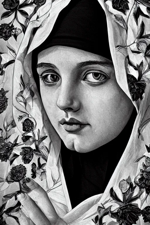 Prompt: hyperrealism, extreme close-up, black flowers covering young beautiful nun face, wearing hyper detailed black clothes, in style of classicism