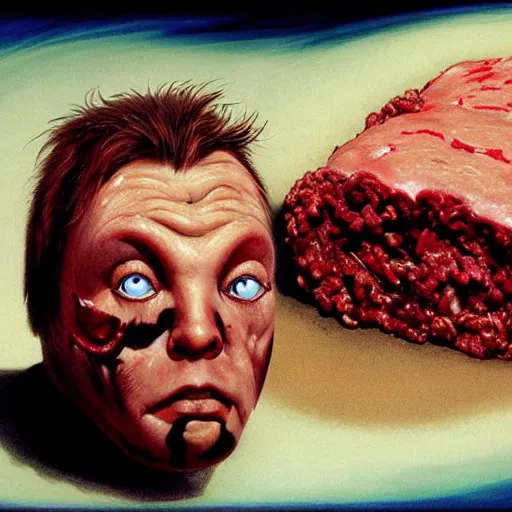 Image similar to big eyes wide open, horrific sentient meatloaf, holding meatloaf, sloppy, gross, meatloaf, hyper realistic, terrifying, disturbing, strange, bizarre, masterpiece, meatloaf is everywhere, ground beef bloody, liquid, 4 k, vivid colors, elegant, highly detailed, john park, frazetta, john howe, ruan jia, jeffrey catherine jones