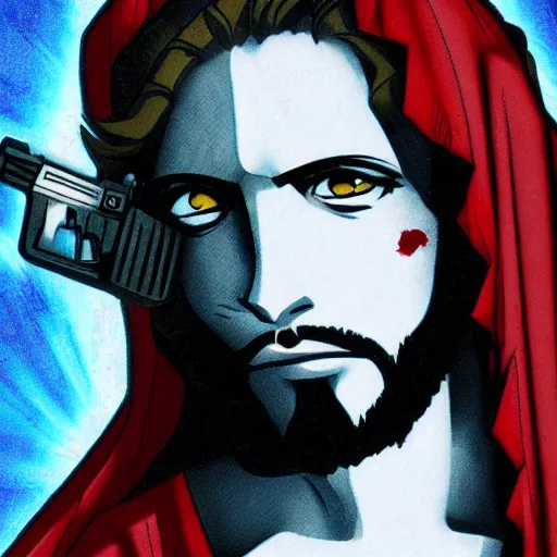 Prompt: jesus in an anime style between heaven and hell holding a gun with scratches on there face, highly detailed