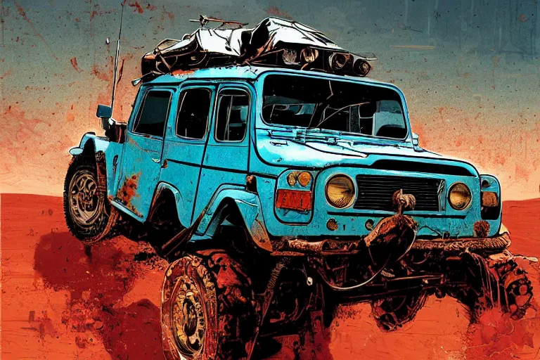 Prompt: digital illustration of mad max's fj 4 0 decrepit pursuit special, rusty nissan fj cruiser 1 9 8 0 s, the last v 8 interceptor by makoto shinkai, ilya kuvshinov, lois van baarle, rossdraws, basquiat