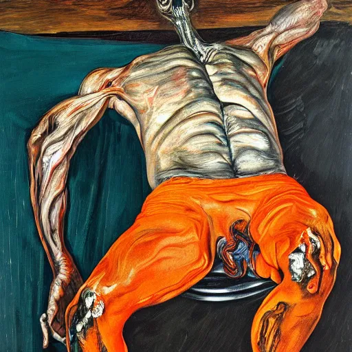 Image similar to high quality high detail painting of a dark figure in agony by lucian freud and jenny saville and francis bacon, hd, dark demonic dancer, turquoise and orange