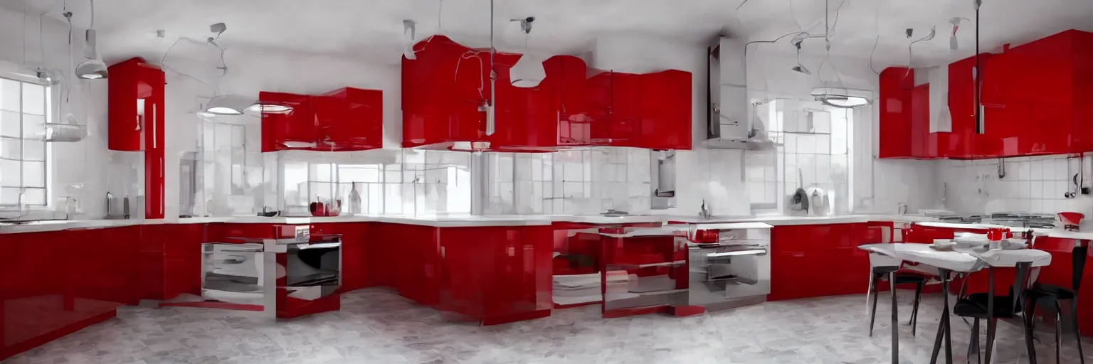 Image similar to photo of a black kitchen, red walls, white floortiles, architecture, concept art