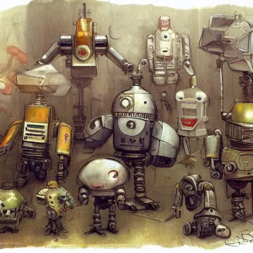 Image similar to cluttered inventors workshop full of robots . muted colors. by Jean-Baptiste Monge !!!!!!!!!!!!!!!!!!!!!!!!!!!