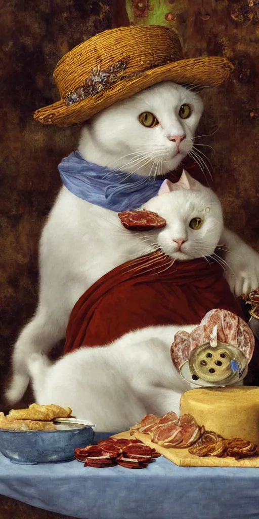 Prompt: a portrait of a male white cat with human blue eyes wearing aristocratic male clothes, cheese and salami on the table, titian, sam spratt, maxfield parrish, gustav klimt, tom bagshaw, mark ryden, alphonse mucha, rembrandt, high quality, painting, oil