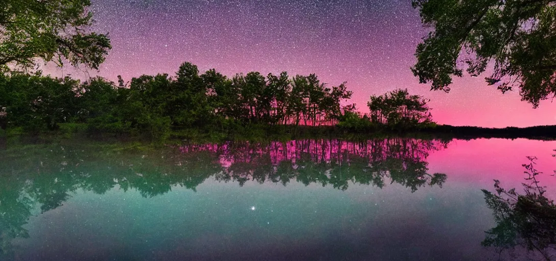 Image similar to a lake with pink flowing water under the stars surrounded by luscious trees