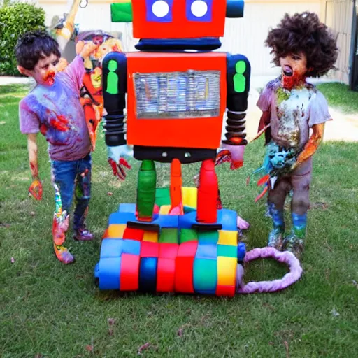 Prompt: robot pinata surrounded by happy zombie children