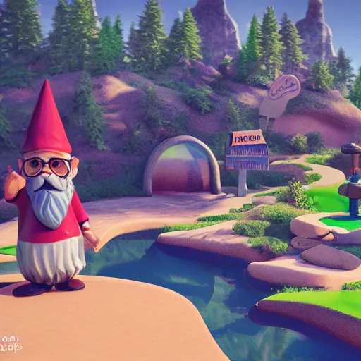 Prompt: a hipster gnome in a mini - golf course in the mountains, 3 d render in the style of the videogame firewatch, soft colors, beautiful pastel scenery around the mini - golf course, incredible sense of depth and perspective in the background, realistic lighting, mini - golf course just goes and goes into infinity, i really want to play this videogame with my vr headset