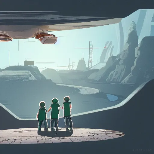 Image similar to highly detailed cell - shaded cartoon landscape with two boys looking at a miniature ufo 1 9 8 0 s science fiction, 1 9 7 0 s science fiction, cyberpunk, moody, misty, depth perception, 4 k, artstation, in the style of studio ghibli