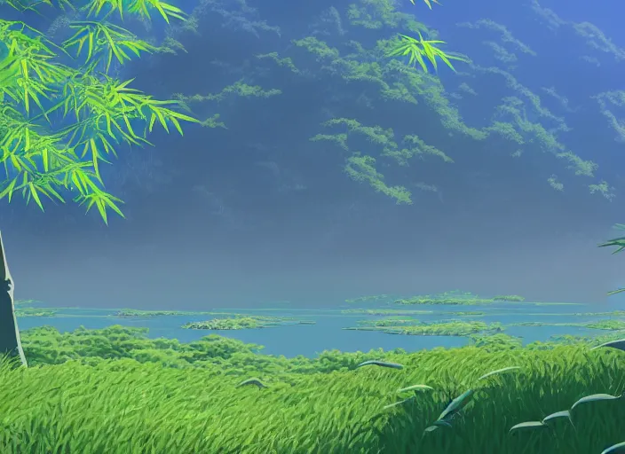 Prompt: misty japanese bamboo forest, lake foreground, large mountain background, sunny, cartoony, stylized anime, sun rays, soft, moody lighting, by hayao miyazaki, ghibli studio, makoto shinkai, toei animation, studio trigger, trending on artstation, 4 k, hd