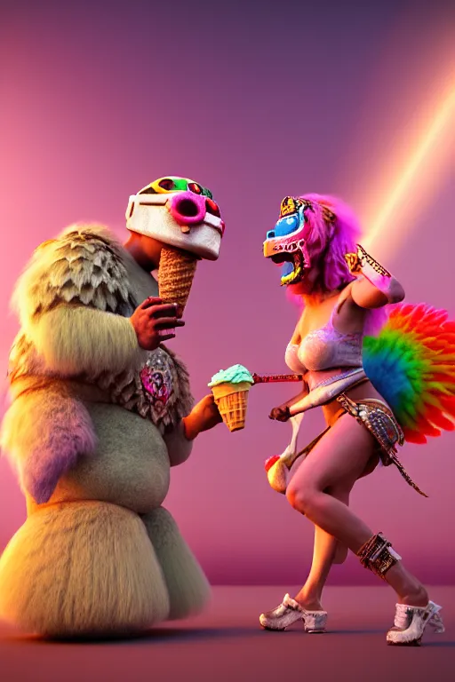 Image similar to high quality 3 d render hyperrealist very cute pastel fluffy! aztec warrior & quetzalcoatl eating giant ice cream, vray smooth, in the style of watchmen, hannah yata, very dramatic light, low angle, uhd 8 k, shallow depth of field