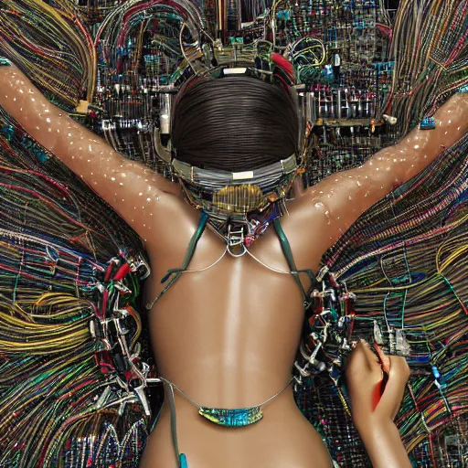 Image similar to give me a higher love, piles of modular synth cables, puerto rican goddess swimming up wearing a headpiece made of circuit boards, by cameron gray, wlop, stanley kubrick, masamune, hideki anno, jamie hewlett, unique perspective, trending on artstation, 3 d render, vivid