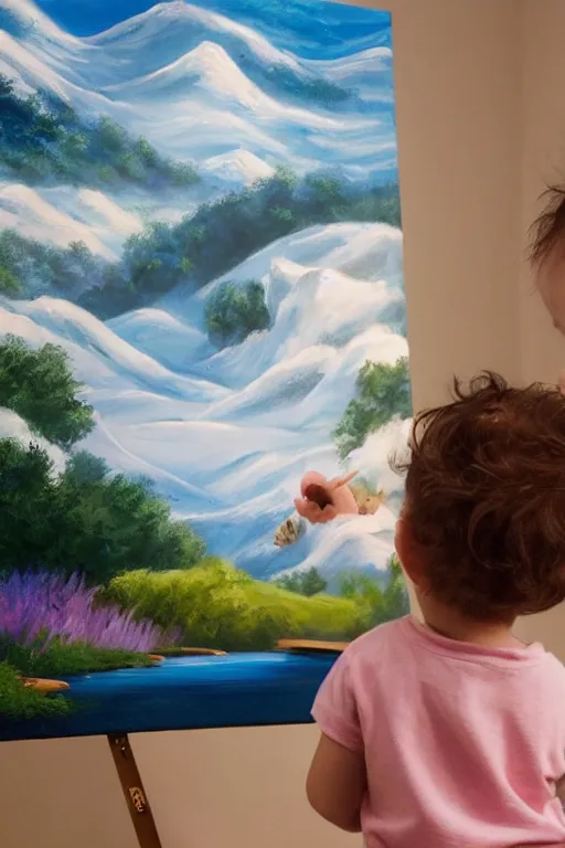 Image similar to a baby version of bob ross, in front of a finger painted mural on a wall, dramatic lighting, cinematic, establishing shot, extremely high detail, foto realistic, cinematic lighting, post processed, concept art, high details, cinematic, 8k resolution, beautiful detailed, photorealistic, digital painting, artstation, concept art, smooth, sharp focus, artstation trending, octane render, unreal engine