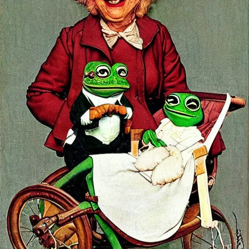 Image similar to pepe the frog with baby carriage by norman rockwell