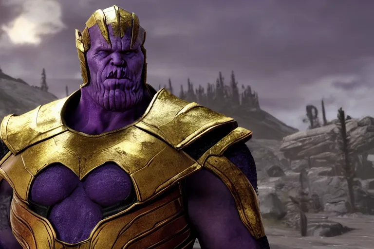 Prompt: Thanos as a Skyrim character gameplay screenshot.