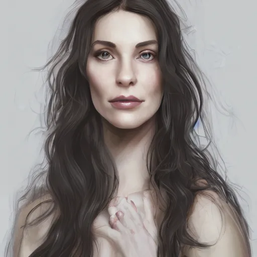 Prompt: 8 5 mm f 1. 8 portrait of a girl that is a mixture between liv tyler and carice van houten, she is about 2 5 years old, long curly hair, very tall and slender, she is wearing a elven robe, highly detailed, digital painting, artstation, concept art, smooth, sharp foccus ilustration, artstation hq