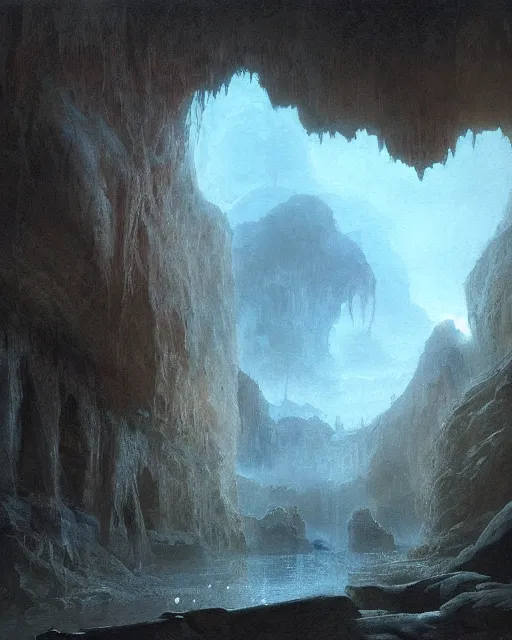 Image similar to painting of a man in a boat in a cave, a detailed matte painting by john howe, cgsociety, fantasy art, matte painting, lovecraftian horror, fantasy