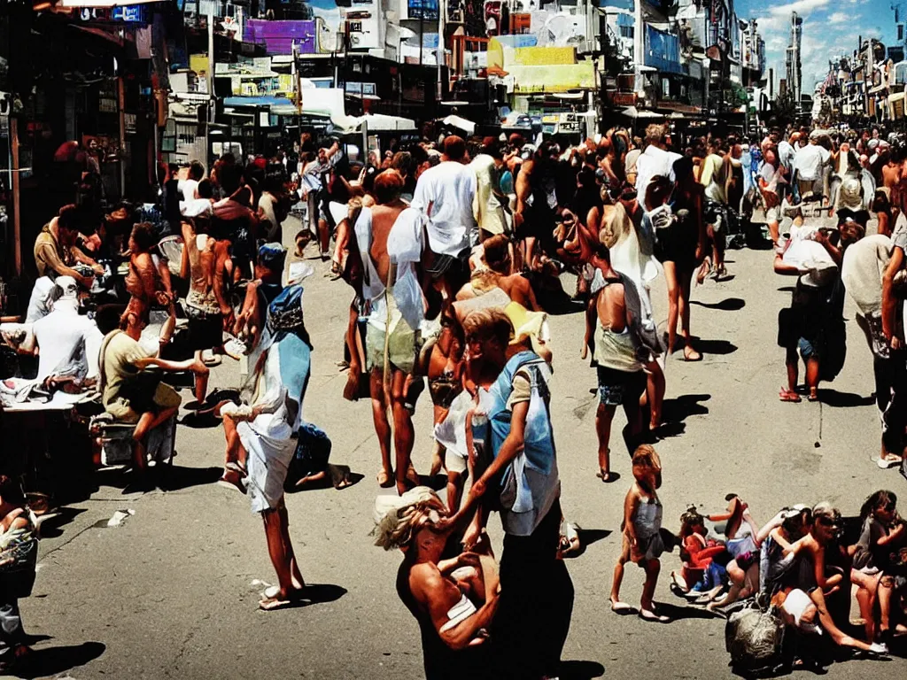 Image similar to color photography in a busy street in a heatwave, by trent parke and gruyaert