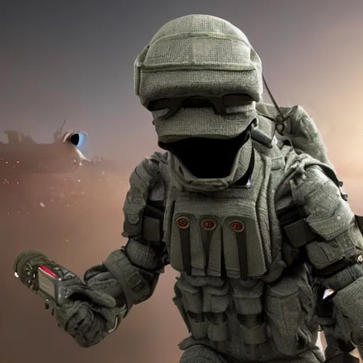 Prompt: soldier fighting aliens with microphone photorealistic