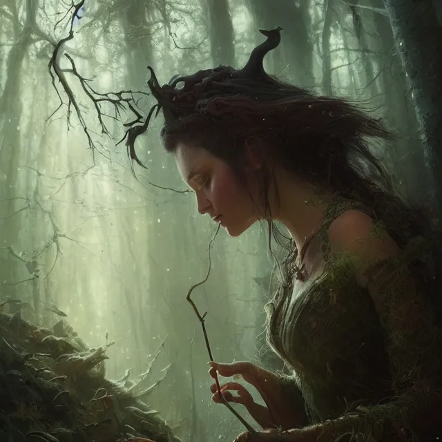 Prompt: close up portrait of a beautiful female witch casting a spell, magical forest background fantasy atmosphere. art by greg rutkowski. highly detailed, intricate, lifelike. sci - fi, fantasy, magical, nikon d 8 5 0.