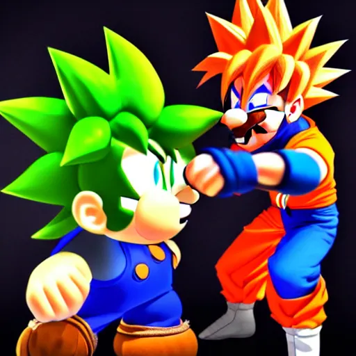 Image similar to a deadly cage match between goku and luigi, realistic, 4 k, photo real, trending on artstation