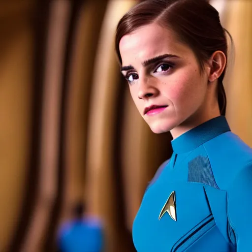 Prompt: Emma Watson in Star Trek, XF IQ4, f/1.4, ISO 200, 1/160s, 8K, Sense of Depth, color and contrast corrected, edited, Dolby Vision, symmetrical balance, in-frame