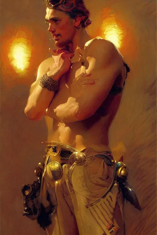 Image similar to festival, attractive male, character design, dynamic lighting, cool and bright tint, painting by gaston bussiere, craig mullins, j. c. leyendecker, tom of finland