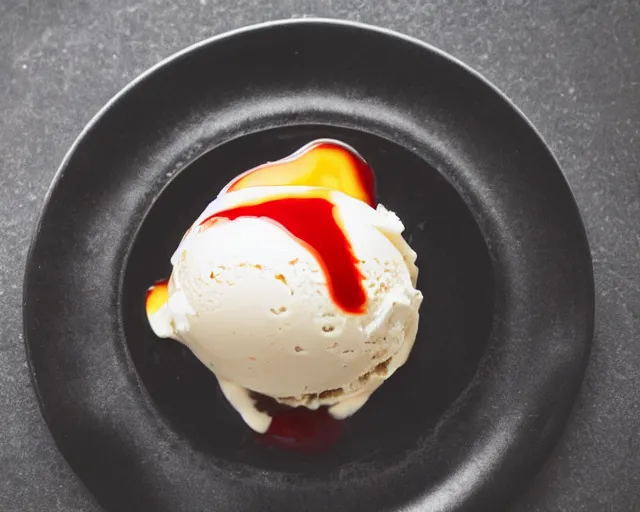 Image similar to dslr food photograph of vanilla ice cream with ketchup on, a leaf of basil on the ice cream, 8 5 mm f 1. 4