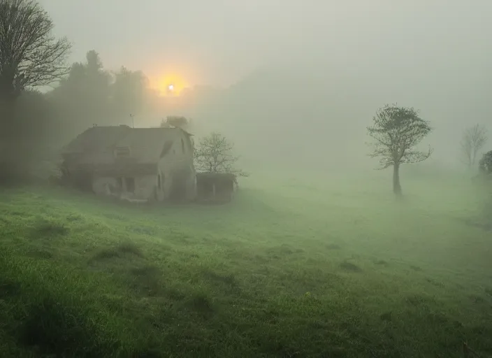 Prompt: and furnished by the late afternoon light, mist curdling like a blurry feast, the haze descends upon this idyllic village, and it is time to rest. the most pleasing, soothing sound can be heard from secret corners of this cozy place. we are safe inside these walls. we are at peace.