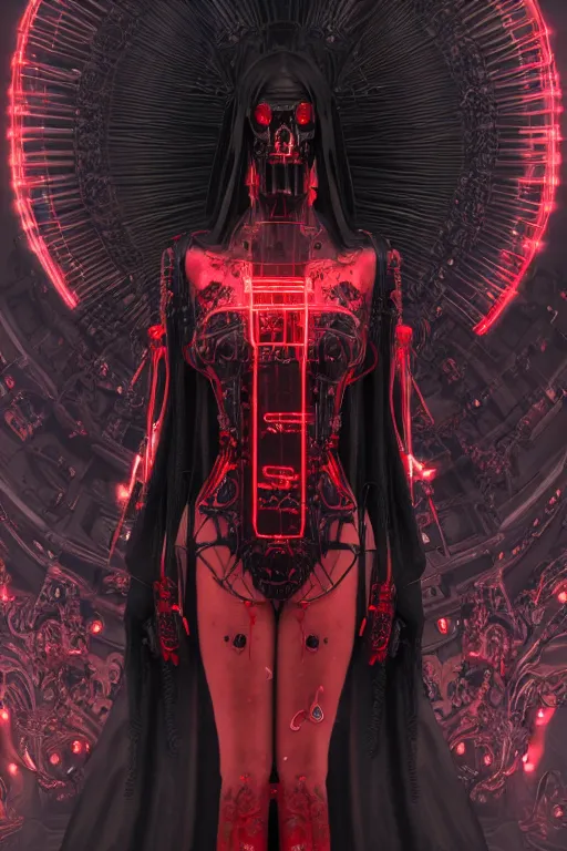 Image similar to full-body cyberpunk style sculpture of a young beautiful dark priestess, half android with a head opening exposing circuitry, glowing red eyes, black roses, flowing blood red colored silk, fabric, candles. baroque elements, human skull. full-length view. baroque element. intricate artwork by caravaggio. crows flying in background. Trending on artstation, octane render, cinematic lighting from the right, hyper realism, octane render, 8k, depth of field, 3D