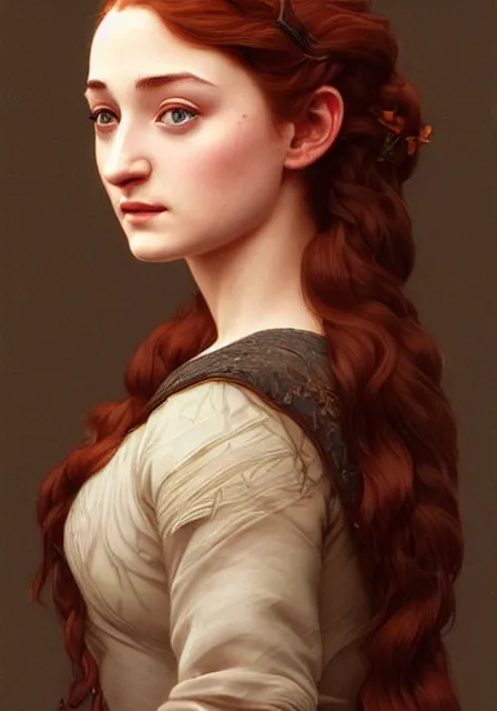 Image similar to portrait of little bird sansa stark with long hair, intricate, elegant, highly detailed, digital painting, artstation, concept art, smooth, sharp focus, illustration, art by artgerm and greg rutkowski and alphonse mucha and william - adolphe bouguereau