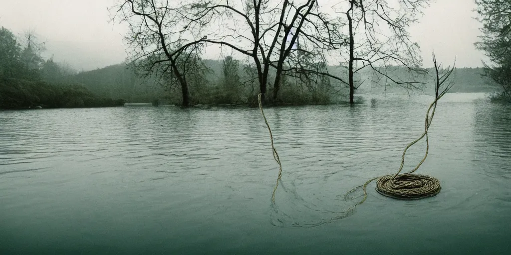 Image similar to symmetrical photograph of an infinitely long rope submerged on the surface of the water, the rope is snaking from the foreground towards the center of the lake, a dark lake on a cloudy day, trees in the background, dreamy kodak color stock, anamorphic lens