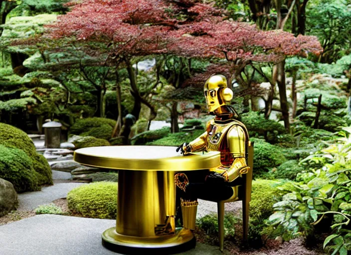 Image similar to C-3PO sitting at a bistro table in a lush japanese garden, still from star wars, shot on film, medium shot, depth of field, nature show, incredible detail, dramatic lighting