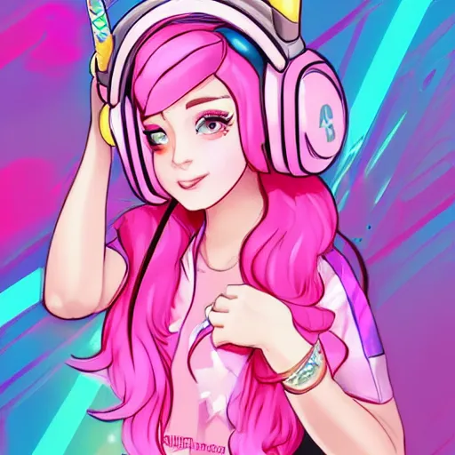 Image similar to very very very beautiful pink gamer girl wearing headphones with a unicorn horn coming out of her head standing in a pink girls room, full body portrait, eye contact, smiling, perfect face, perfect body, extreme long shot, drawn by artgerm