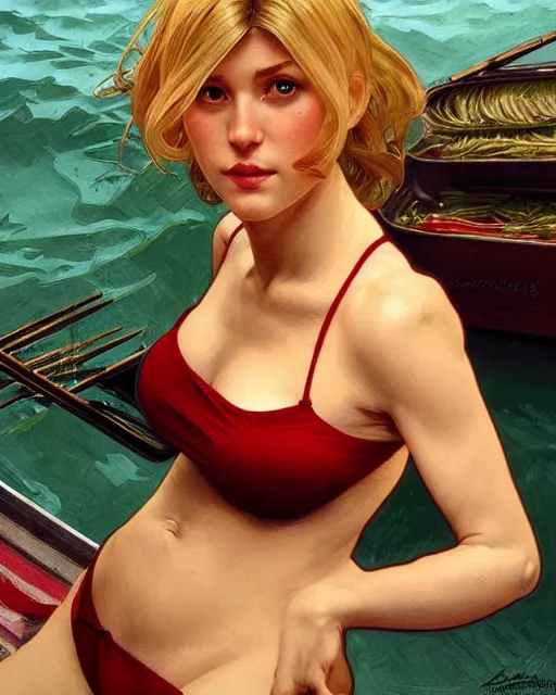 Image similar to Portrait of a blonde woman wearing a green & red bikini cooking sardines in Porto,real life skin, intricate, elegant, highly detailed, artstation, concept art, smooth, sharp focus, art by artgerm and greg rutkowski and alphonse mucha