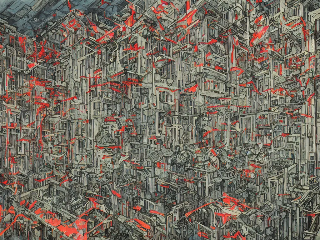 Image similar to headquarters of transylvanian software company in communist times. painting by james jean