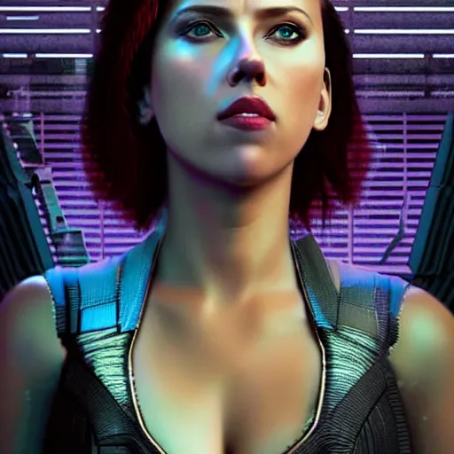 Prompt: scarlett johansson in cyberpunk, render