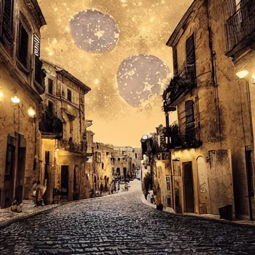 Image similar to romantic drawing of modica by night, old italian town, many city lights in the night, full moon, beautiful stars, deep under the sea, tropical fishes, amazing shadows, beautiful render, astounding details, high definition, pixar movie