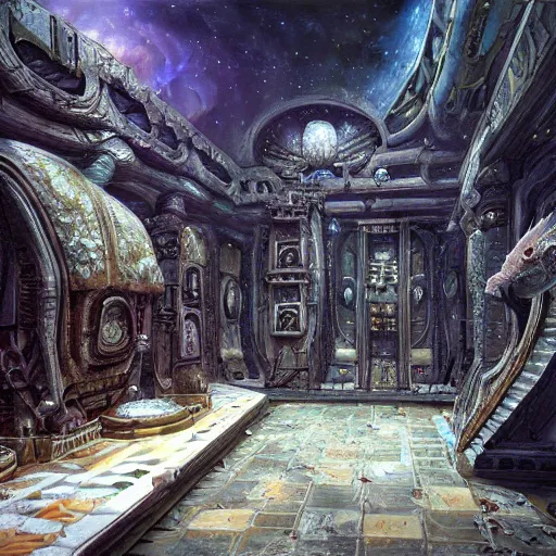 Prompt: detailed painting of a fish tank interior room with celestial ephemeral ornaments and hr giger architecture, artstation, greg crewdson, cinematic