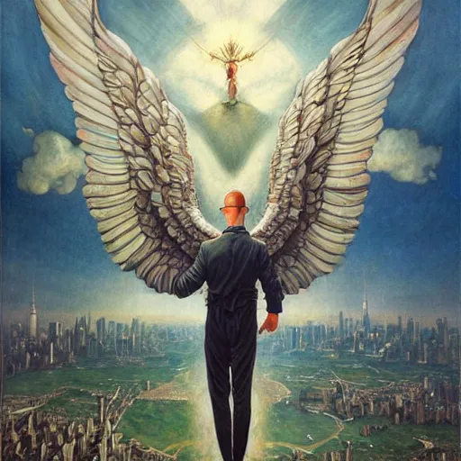 Image similar to marvelous detailed portrait of a strong winged Nephilim Hank Hill Man with a halo standing above new york city. peter mohrbacher norman rockwell heorhiy narbut jessie wilcox smith beatrix potter joseph leyendecker acrylic painting