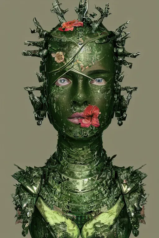 Image similar to portrait of beautiful young mainem, warhammer, japaneese style, cyber armor, a lot of more scars, more and more flowers, green head, the middle ages, highly detailed, artstation, illustration, art by rene magritte, 8 k quality